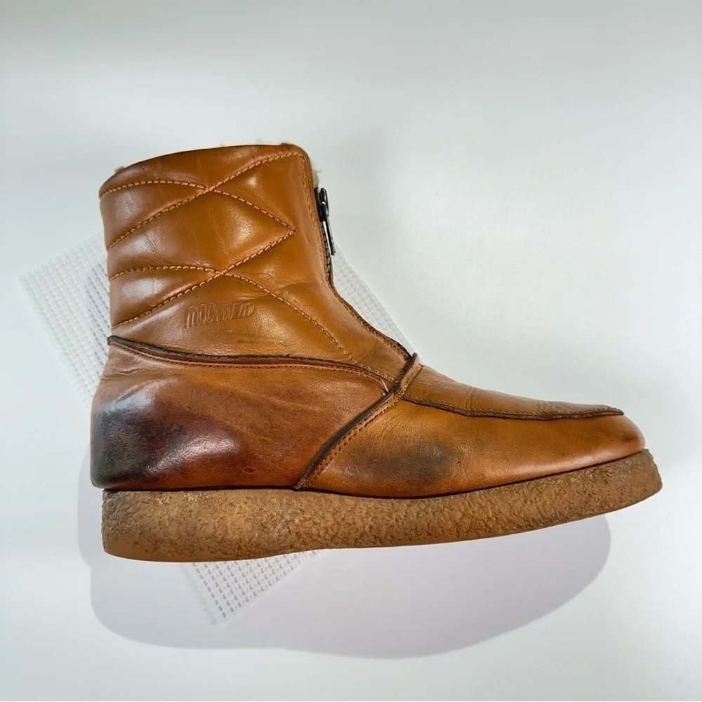 Mocatem Winter Boots Vintage Front Zip Leather Cognac Brown 13E